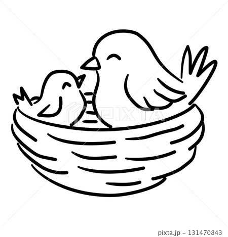 Mama bird with baby bird simple boho birds sitting in a nest baby shower line art doodle illustration hand drawn black and white outline sketch for invitations stickers patterns and crafts Mama bird with baby bird simple boho birds sitting in a nest baby shower line art doodle illustration hand drawn black and white outline sketch for invitations stickers patterns and crafts 131470843