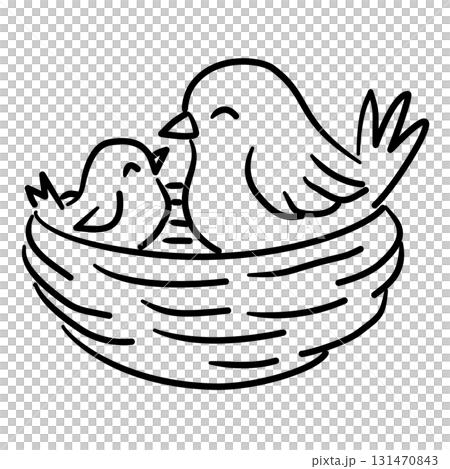 Mama bird with baby bird simple boho birds sitting in a nest baby shower line art doodle illustration hand drawn black and white outline sketch for invitations stickers patterns and crafts Mama bird with baby bird simple boho birds sitting in a nest baby shower line art doodle illustration hand drawn black and white outline sketch for invitations stickers patterns and crafts 131470843