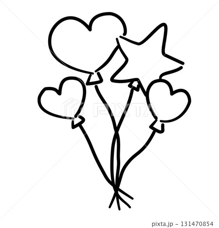 Baby balloon bouquet bundle of heart and star balloons baby shower line art doodle illustration hand drawn black and white outline sketch for invitations stickers patterns and crafts 131470854
