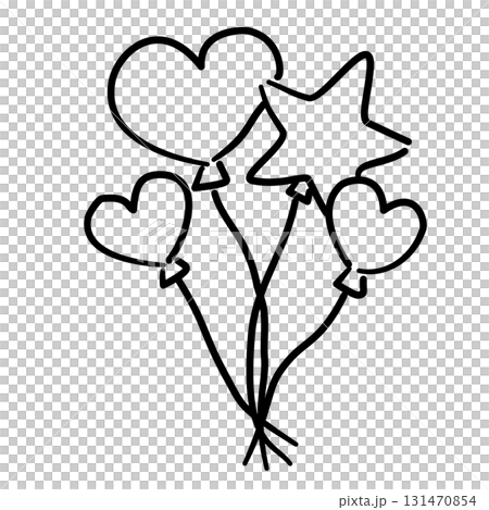 Baby balloon bouquet bundle of heart and star balloons baby shower line art doodle illustration hand drawn black and white outline sketch for invitations stickers patterns and crafts 131470854