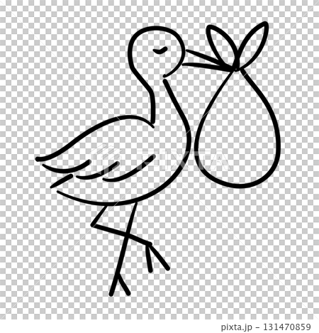 A stork bird carrying a bundle with a baby inside baby shower line art doodle illustration hand drawn black and white outline sketch for invitations stickers patterns and crafts 131470859