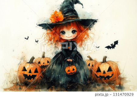 Whimsical Halloween witch girl with jack-o'-lanterns and bats in dreamy watercolor style evokes festive fantasy charm. Whimsical Halloween witch girl with jack-o'-lanterns and bats in dreamy watercolor style evokes festive fantasy charm. 131470929