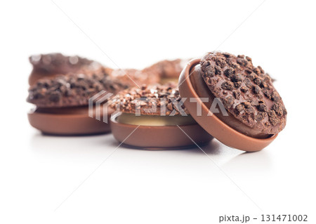 Sweet chocolate pralines. Chocolate candies isolated on white background. Sweet chocolate pralines. Chocolate candies isolated on white background. 131471002