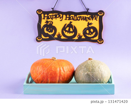 Happy halloween party ornament with pumpkins on purple background 131471420