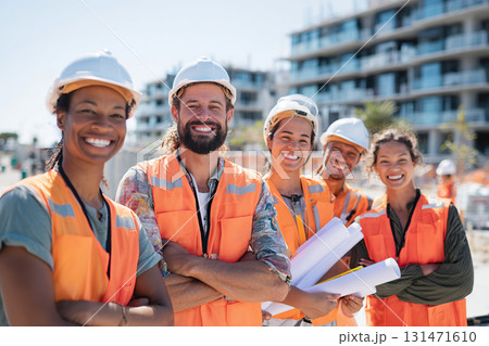 Multicultural construction team collaborating at a busy construction site in bright daylight 131471610