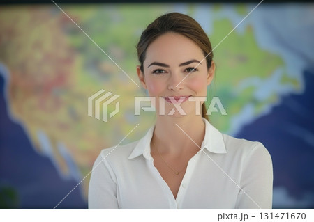 Female meteorologist reporting weather broadcasting on television 131471670