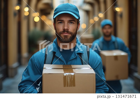 Male movers in blue uniforms carry boxes through an arched corridor in a bustling city 131471671