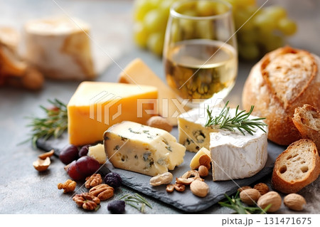 Delicious cheeses with rosemary crusty baguette served with a refreshing glass of white wine Delicious cheeses with rosemary crusty baguette served with a refreshing glass of white wine 131471675