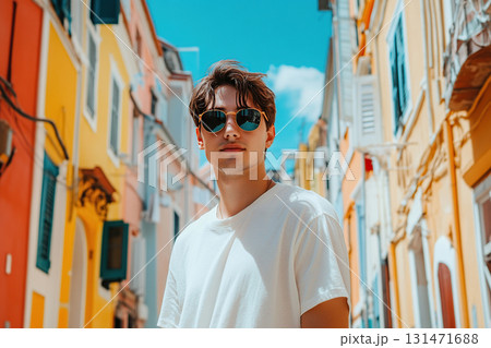 Man in light summer outfit stands confidently in a vibrant urban setting on a sunny day 131471688