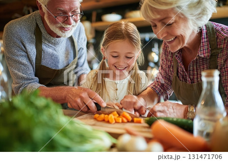 Cooking a plant-based meal together with family in a cozy kitchen 131471706
