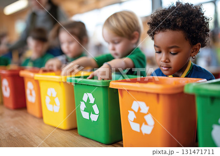 Children engage in recycling activity at school to learn about waste management practices 131471711