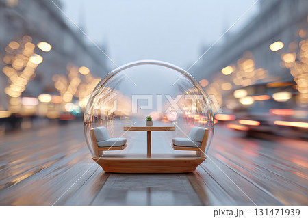 Unique bench with noise-canceling bubble chair in an urban environment at twilight Unique bench with noise-canceling bubble chair in an urban environment at twilight 131471939