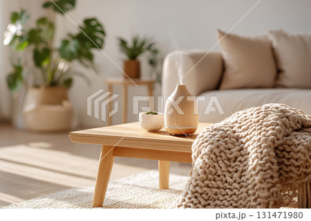 Soundscape diffuser enhances relaxation in a minimalist living room 131471980