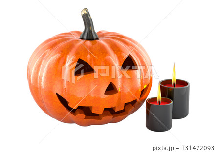 Halloween pumpkin jack-o-lantern with black burning candles. 3D rendering 131472093