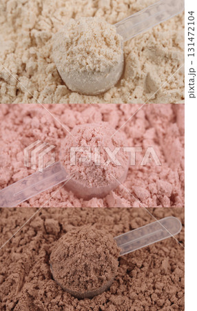 Vertical collage of three scoops with protein powder in vanilla, strawberry and chocolate flavor. Gym sports nutrition supplement set, healthy lifestyle, fitness concept. Diet. Lean protein powdered Vertical collage of three scoops with protein powder in vanilla, strawberry and chocolate flavor. Gym sports nutrition supplement set, healthy lifestyle, fitness concept. Diet. Lean protein powdered 131472104