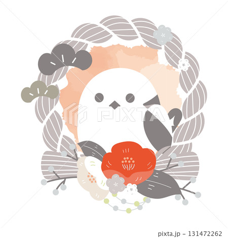 灰色しめ縄とシマエナガ、椿の和風リース(お正月飾り) 灰色しめ縄とシマエナガ、椿の和風リース(お正月飾り) 131472262