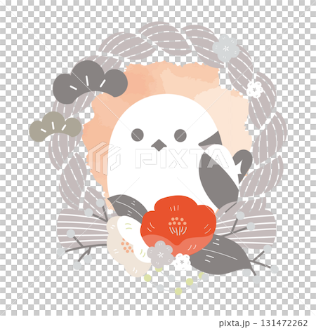 灰色しめ縄とシマエナガ、椿の和風リース(お正月飾り) 灰色しめ縄とシマエナガ、椿の和風リース(お正月飾り) 131472262