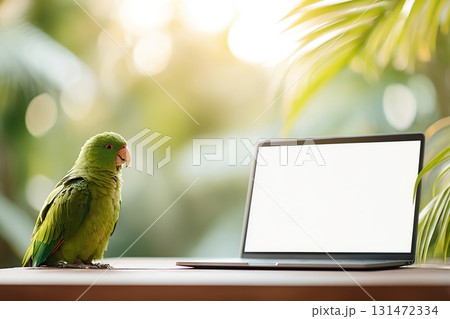 Parrot perched on desk beside an open laptop in a lush, natural setting 131472334