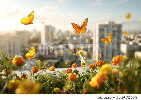 Colorful pollinator insects fluttering among vibrant flowers in an urban garden at sunset 131472359