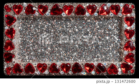 キラキラと輝くシルバーグリッター背景を囲む赤と透明なハート型宝石 131472680
