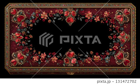 黒い空間を囲むルビーと金色花模様の華麗なバロックフレーム背景 131472702