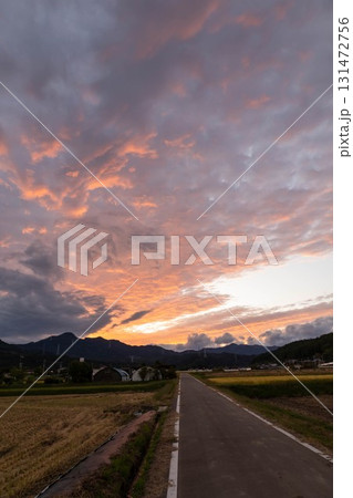 美しい夕焼け空と農道 131472756