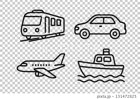 火車、汽車、飛機和船的 4 套線條畫圖示（簡單、無背景、交通、車輛材料） 131472825