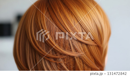 A striking rear view of a woman with beautiful hair dyed a vibrant ginger color 131472842