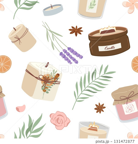 Seamless pattern with scented candles. Aromatherapy and relaxation flat vector illustration Seamless pattern with scented candles. Aromatherapy and relaxation flat vector illustration 131472877