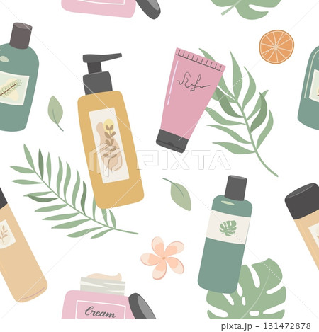 Seamless pattern with natural cosmetics, cream, lotion, shampoo. Skin and hair care products and tropical leaves flat vector illustration Seamless pattern with natural cosmetics, cream, lotion, shampoo. Skin and hair care products and tropical leaves flat vector illustration 131472878
