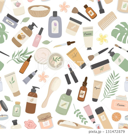 Seamless pattern with organic cosmetics, cream, lotion, shampoo, essential oil, makeup. Skin and hair care products flat vector illustration Seamless pattern with organic cosmetics, cream, lotion, shampoo, essential oil, makeup. Skin and hair care products flat vector illustration 131472879