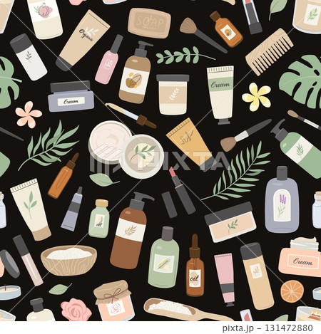 Seamless pattern with organic cosmetics, cream, lotion, shampoo, sea salt. Skin and hair care products and tropical leaves flat vector illustration Seamless pattern with organic cosmetics, cream, lotion, shampoo, sea salt. Skin and hair care products and tropical leaves flat vector illustration 131472880