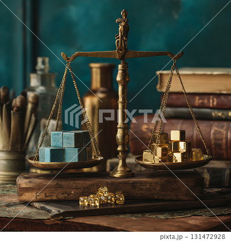 公正と富の概念を表すアンティークバランススケール 131472928