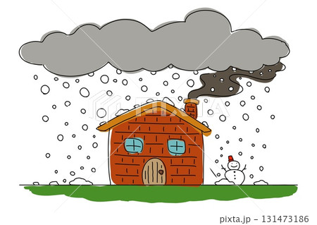 冬　家　煙突　雪　かわいい　ミニマリズム　手描き　雪だるま　イラスト 131473186