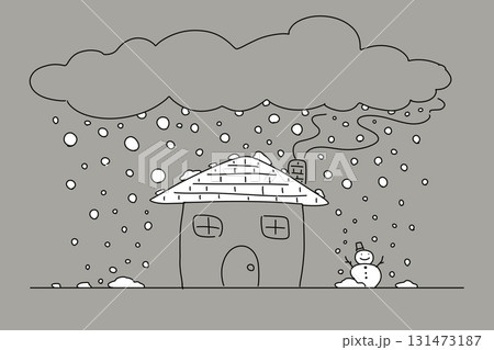 家　雪景色　雪　ミニマリズム　シンプル　手描き　イラスト　白　灰色　雪だるま 131473187