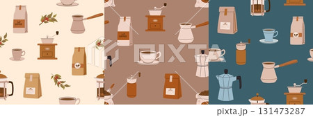 Set of coffee seamless pattern. Beans, grinder, espresso, cappuccino cup background for shop, cafe, menu, packing 131473287