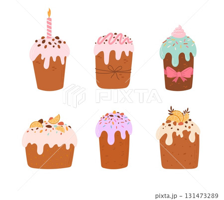 Set of sweet cakes with icing and candied fruits vector illustration. Fresh bakery 131473289