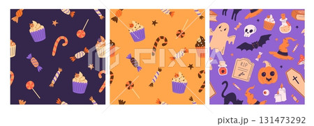 Halloween seamless pattern with candy, sweets, ghost and pumpkin. Trick or treat. 131473292