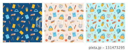 Set of seamless pattern with cartoon school items. Pen, pencil, book, globe, backpack, ruler vector illustration. Education, stationery store background, wrapping paper. 131473295