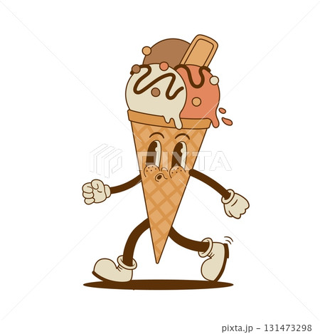 Retro cartoon Ice cream cone character in groove style. Vector illustration. Vintage sweet frozen food mascot. Nostalgia 70s, 80s 131473298