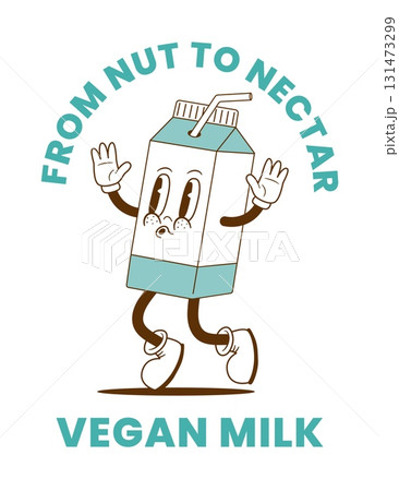 Retro cartoon vegan plant based milk character. Vintage alternatives lactose free drink 131473299