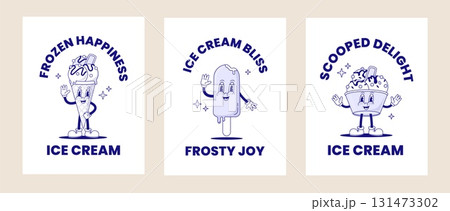 Set of retro cartoon ice cream mascot posters. Vector illustration. Fast food character. Summer cafe 131473302