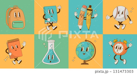Back to school. Retro cartoon education characters. Stationery, book, ball, clock, backpack, globe, supply, chemistry vector illustration. Nostalgia 70s, 80s Back to school. Retro cartoon education characters. Stationery, book, ball, clock, backpack, globe, supply, chemistry vector illustration. Nostalgia 70s, 80s 131473303