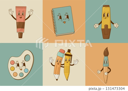 Back to school. Retro cartoon art supply characters. Notebook, paint, marker, pen, pencil, brush mascot vector illustration. Nostalgia 70s, 80s 131473304