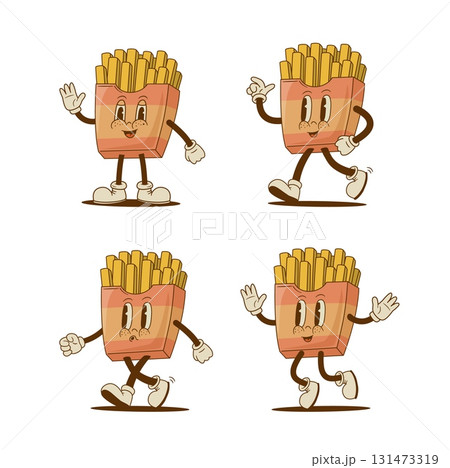 Set of retro cartoon funny French fries characters, mascot. Vintage fast food vector illustration. Nostalgia 131473319
