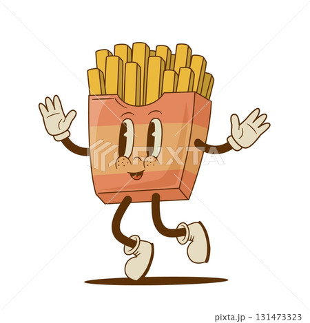 Retro cartoon happy french fries character. Vintage street food potato mascot vector illustration. Nostalgia Retro cartoon happy french fries character. Vintage street food potato mascot vector illustration. Nostalgia 131473323