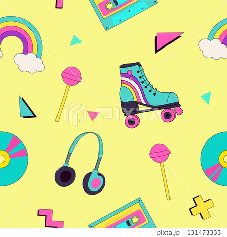 Nostalgia for 90s seamless pattern. Vintage cassette, roller skate, lolipop, disk, headphones elements for fabric, wrapping paper. Memphis style 131473333