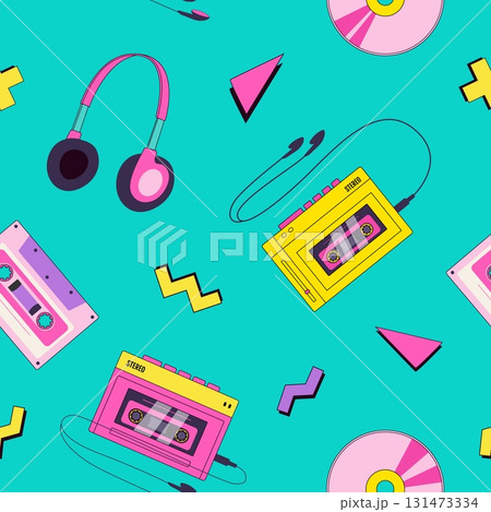 Retro 90s player, audio cassette, headphones, disk, geometric shapes, music seamless pattern. Nostalgia for 1990s. Vintage devices in memphis style 131473334