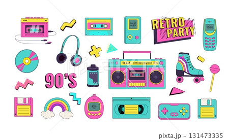 Set of 90s retro devices in modern style. Vintage audio player, cassette, floppy disk, mobile telephone, skate, game console vector illustration Set of 90s retro devices in modern style. Vintage audio player, cassette, floppy disk, mobile telephone, skate, game console vector illustration 131473335