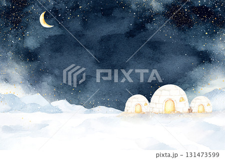 三日月と雪原のかまくらが並ぶ幻想的な冬の夜景イラスト 131473599